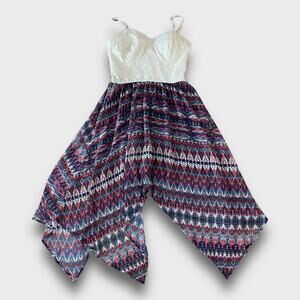 AS YOU WISH Y2K BOHO CROCHET HANDKERCHIEF TRIBAL PRINT DRESS SMALL